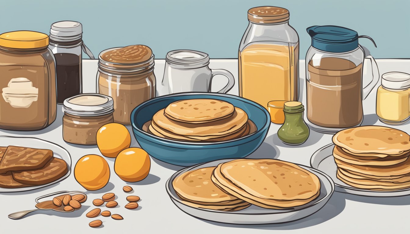 A stack of cashew butter pancakes surrounded by various breakfast items, with jars of different nut butters lined up on the counter