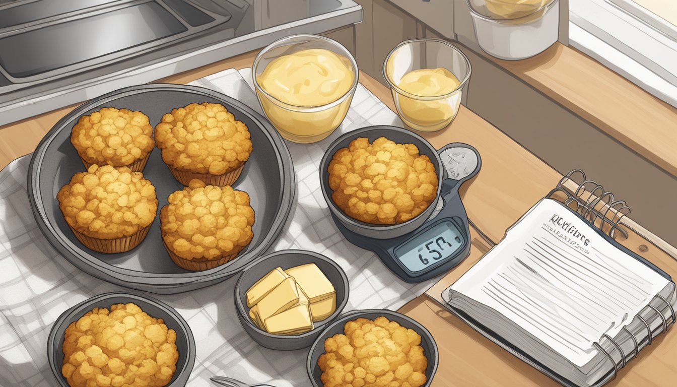 A kitchen counter with a tray of golden-brown cauliflower cheddar muffins cooling next to a recipe book titled "15 Savory Muffin Recipes for Diabetics."