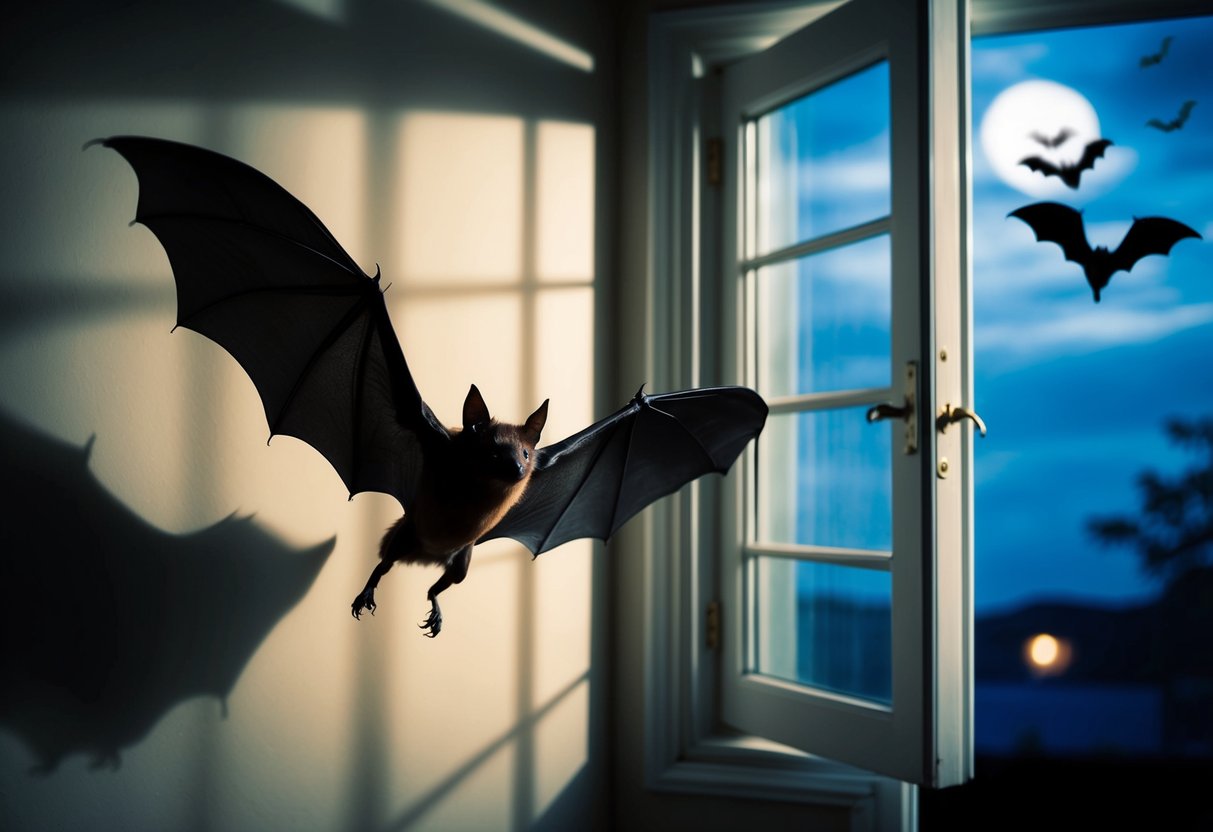 A bat flutters inside a dimly lit living room, casting eerie shadows against the walls. A window is wide open, inviting the creature to escape back into the night