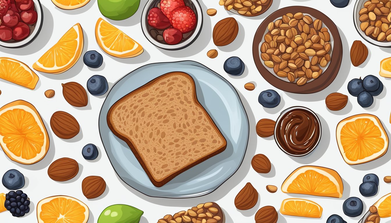 A slice of whole wheat toast with hazelnut spread on a plate, surrounded by various nuts and fruits, ready for a diabetic breakfast illustration