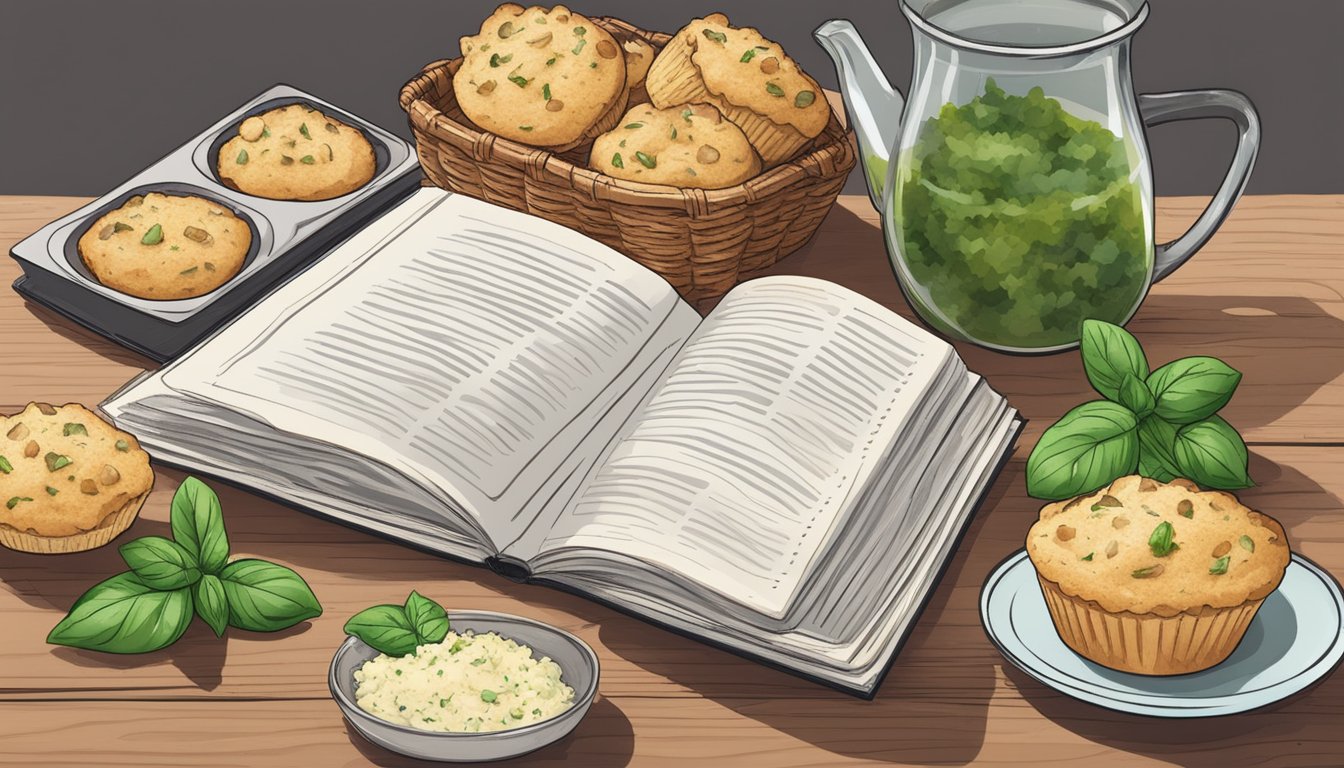 A rustic kitchen counter with a basket of parmesan basil muffins and a cookbook open to a page titled "15 Savory Muffin Recipes for Diabetics."