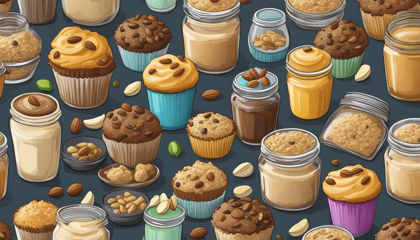 A colorful array of muffins surrounded by jars of various nut butters, fresh pistachios, and other breakfast ingredients on a kitchen counter