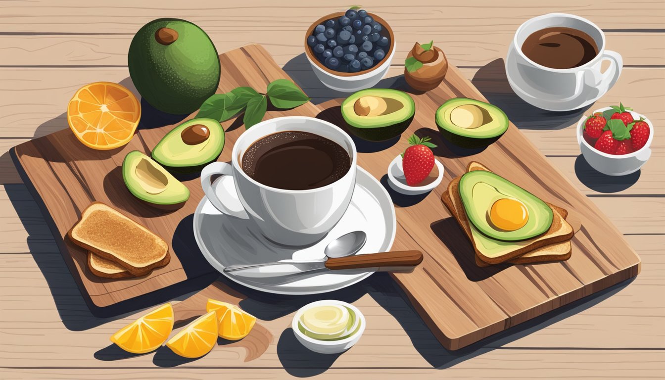 A breakfast spread with various cinnamon-infused avocado toasts arranged on a wooden serving board, surrounded by fresh fruit and a steaming cup of coffee