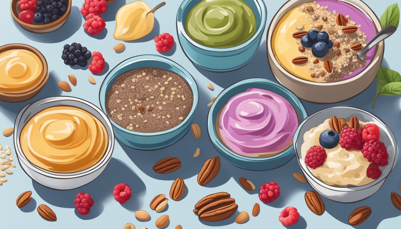 A colorful array of chia pudding topped with various nut butters, surrounded by ingredients like pecans, berries, and honey, set on a breakfast table