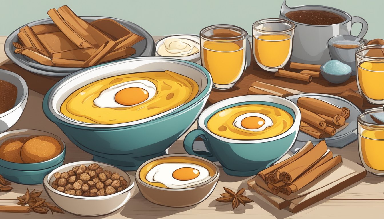 A table with various breakfast items, including cinnamon egg custard, surrounded by cinnamon sticks, and other diabetic-friendly ingredients