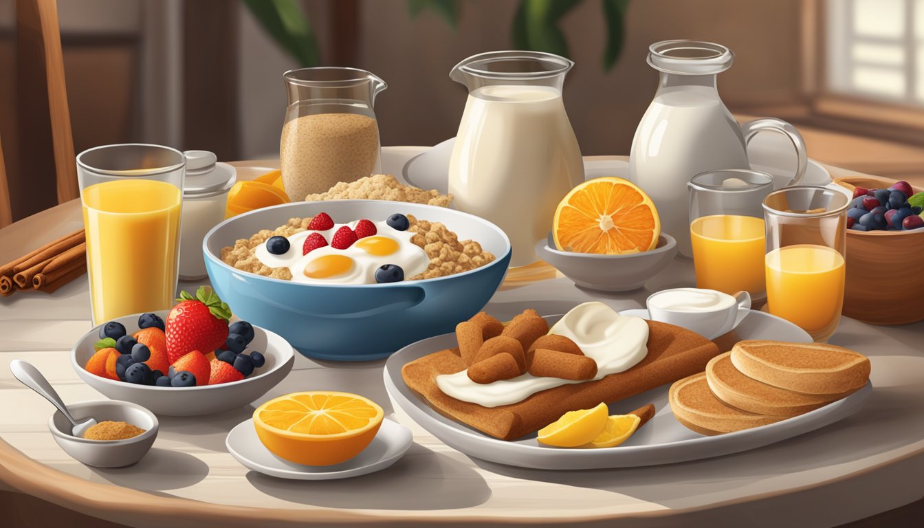 A colorful array of breakfast items featuring cinnamon, such as oatmeal, yogurt, and fruit, arranged on a table with a warm and inviting atmosphere