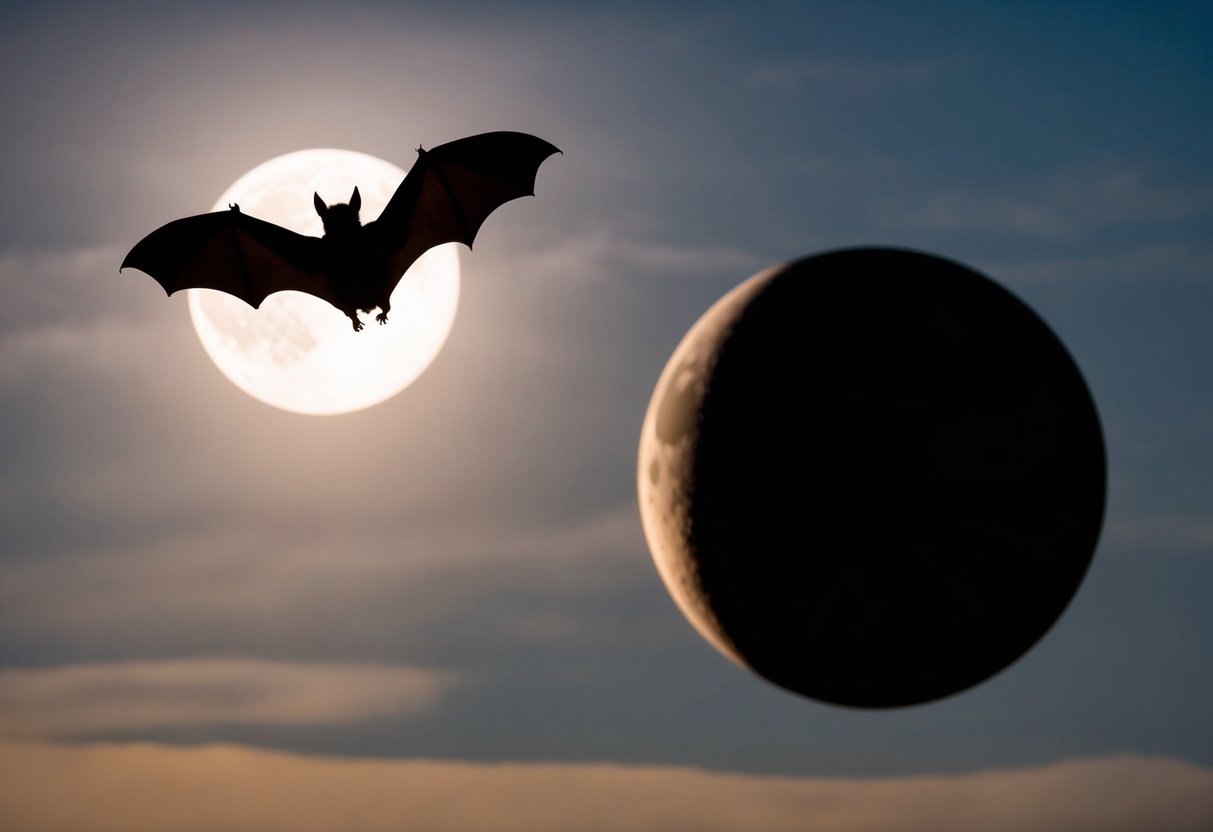 A bat flying in the night sky, silhouetted against the moon