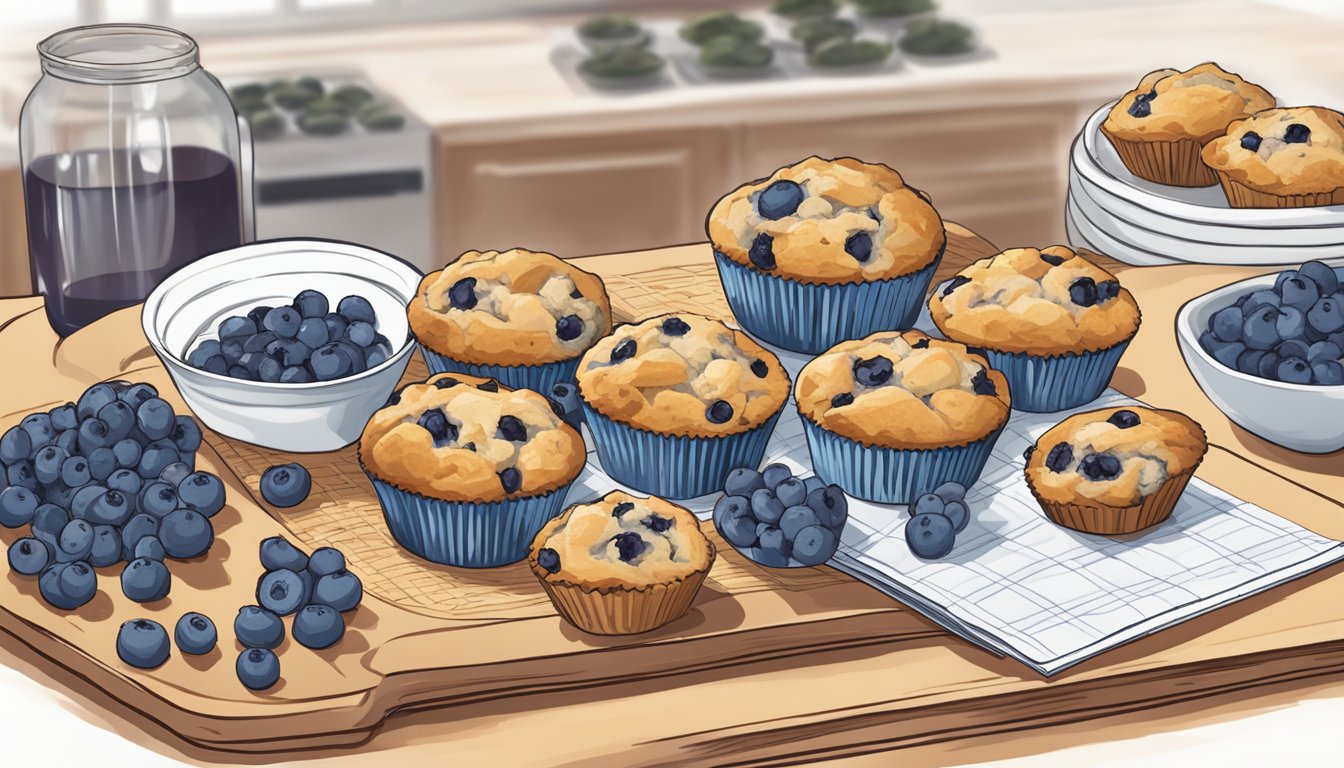 A kitchen counter with a cooling rack of freshly baked blueberry almond muffins, surrounded by ingredients and a recipe book open to "15 Savory Muffin Recipes for Diabetics."