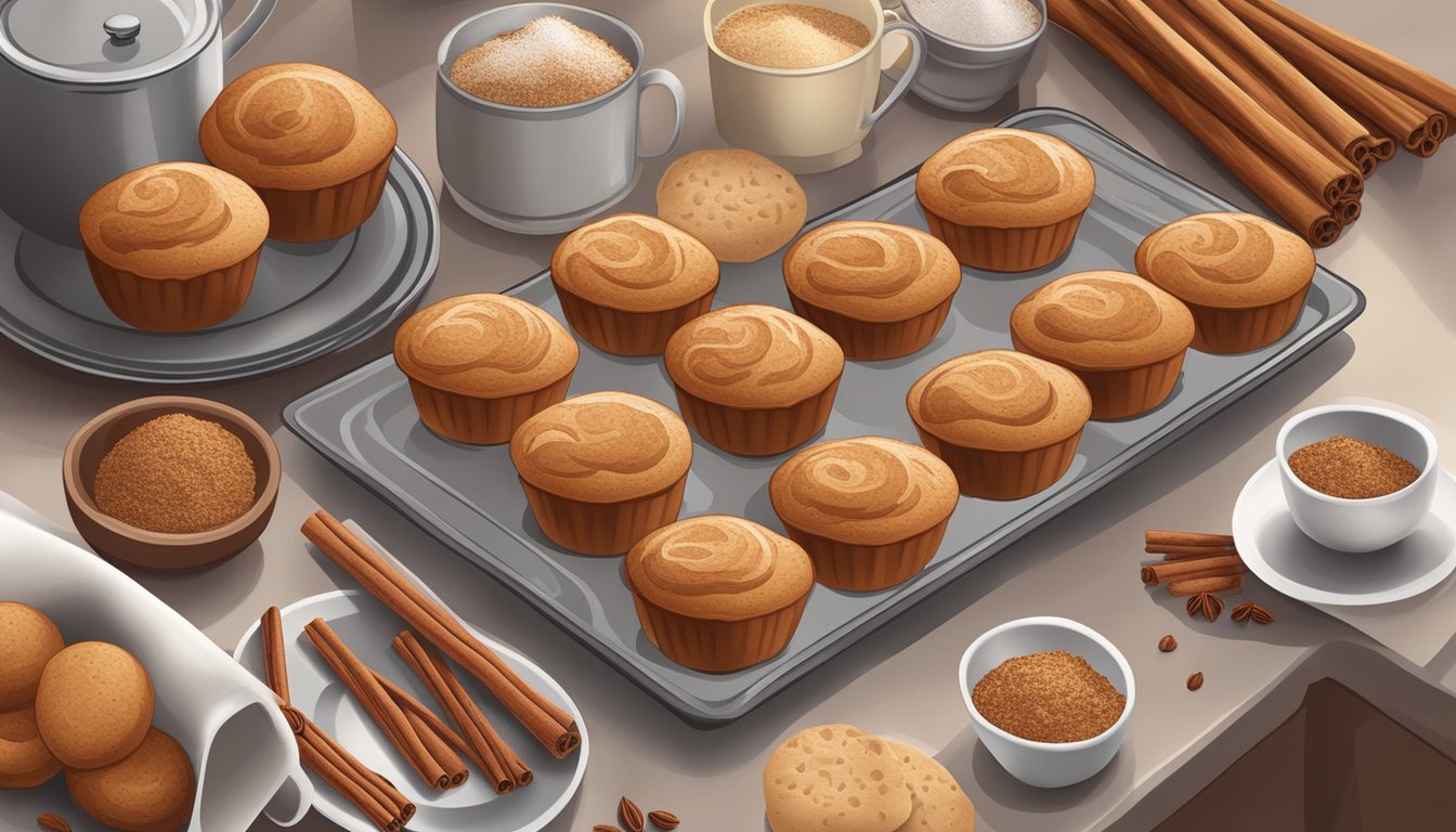 A kitchen counter with a tray of freshly baked cinnamon spice muffins surrounded by ingredients like cinnamon sticks, nutmeg, and whole wheat flour