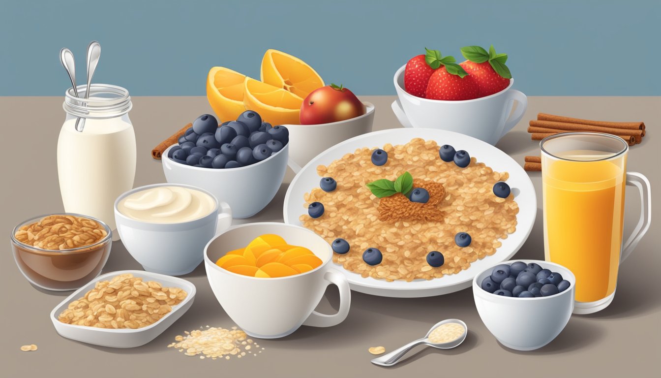 A table set with various breakfast items, including oatmeal, yogurt, and fruit, all sprinkled with cinnamon