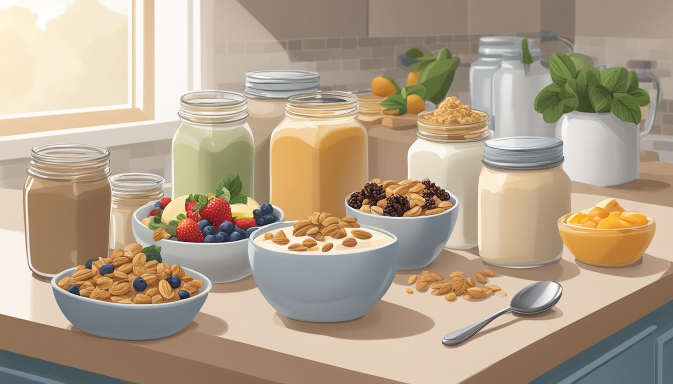 A bowl of yogurt parfait with layers of cashew butter, granola, and fresh fruit, surrounded by different jars of nut butters on a kitchen counter