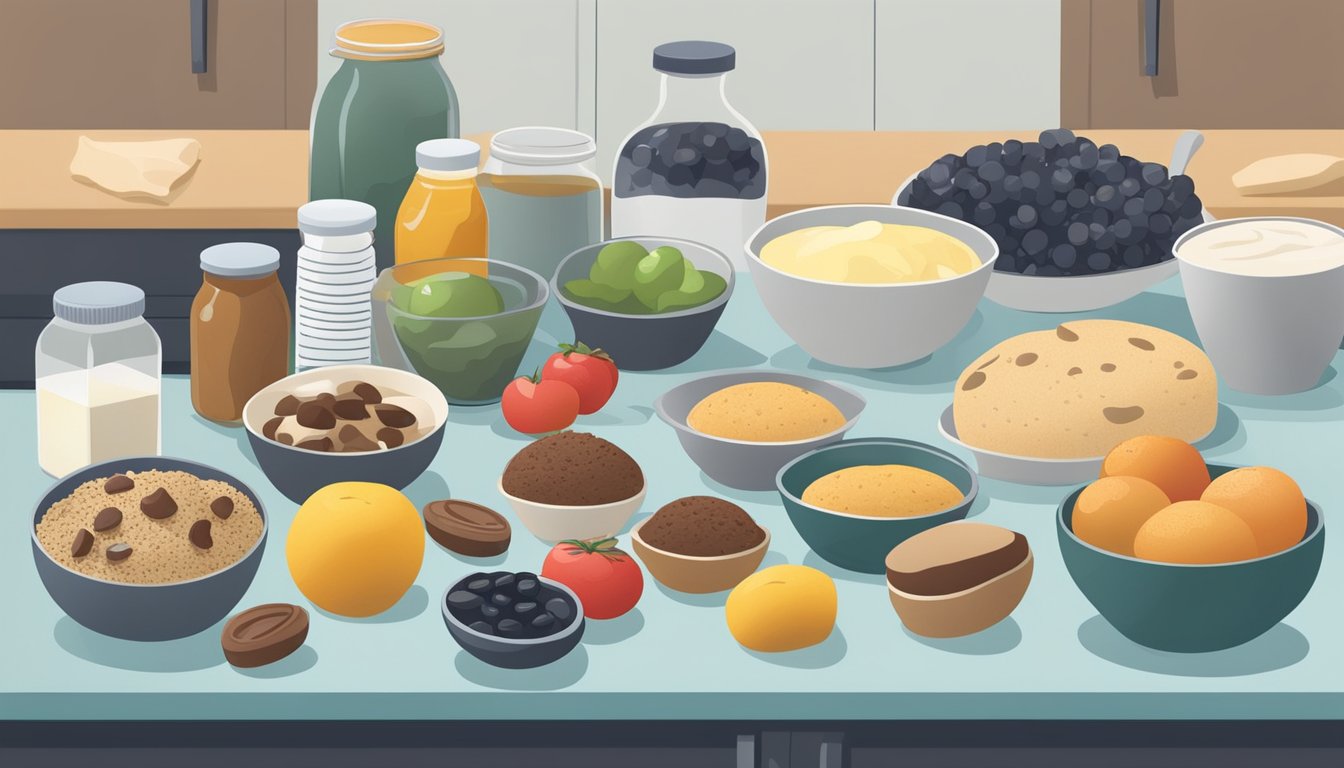 A kitchen counter with assorted diabetic-friendly ingredients and muffin recipes spread out for reference