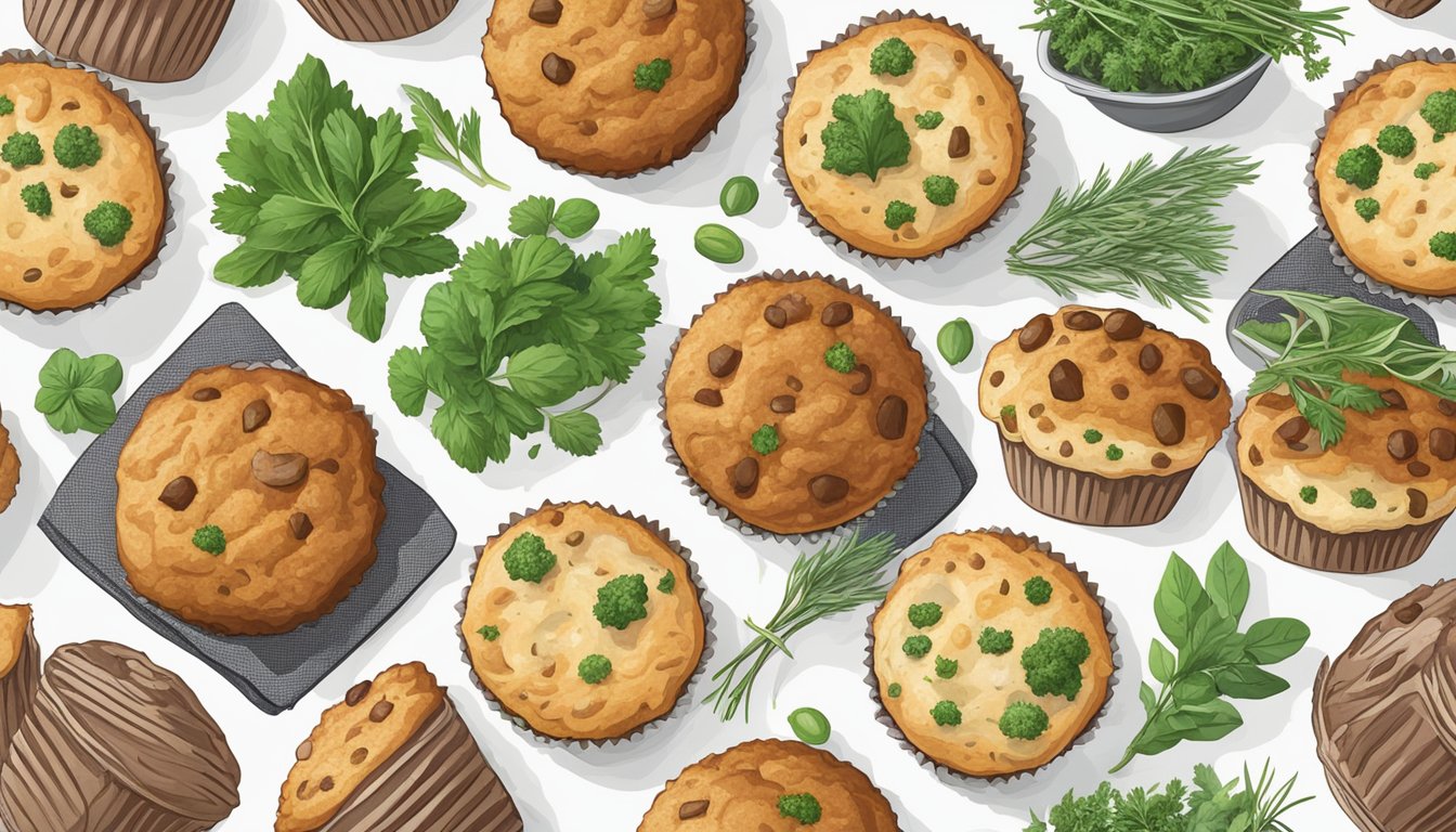 A table filled with an assortment of savory muffins, surrounded by fresh herbs, vegetables, and whole grains