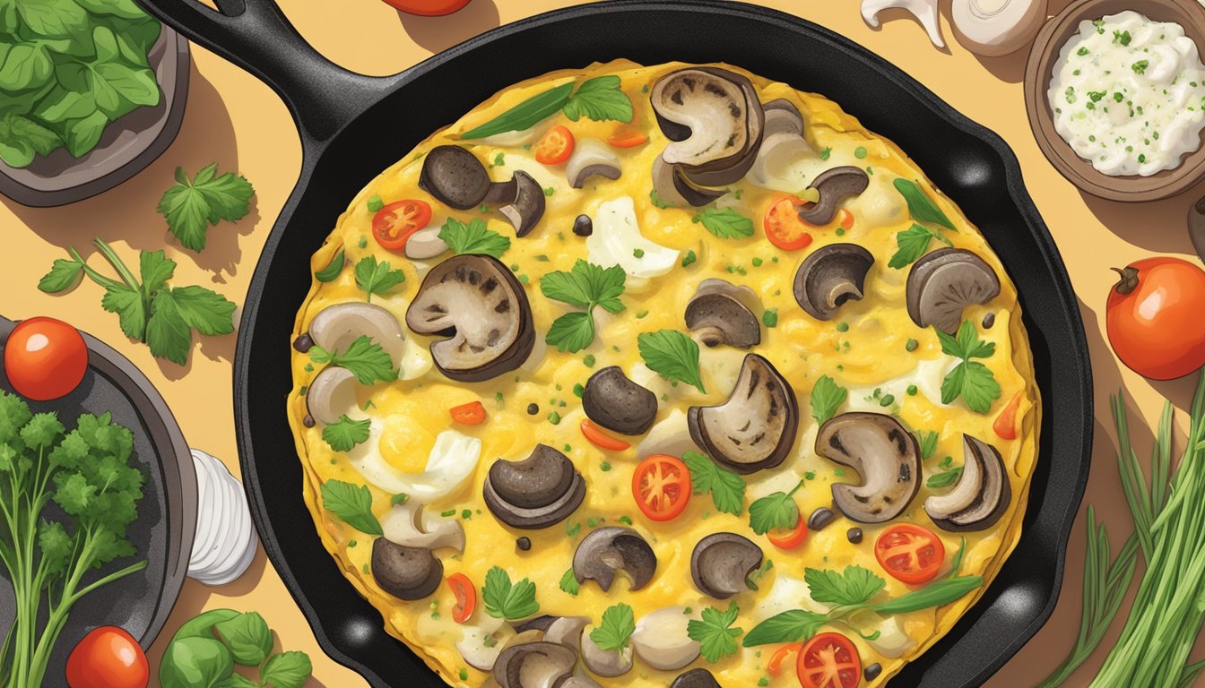 A sizzling frittata in a cast iron skillet, filled with mushrooms, Swiss cheese, and fresh herbs, surrounded by colorful vegetables and a sprinkle of black pepper