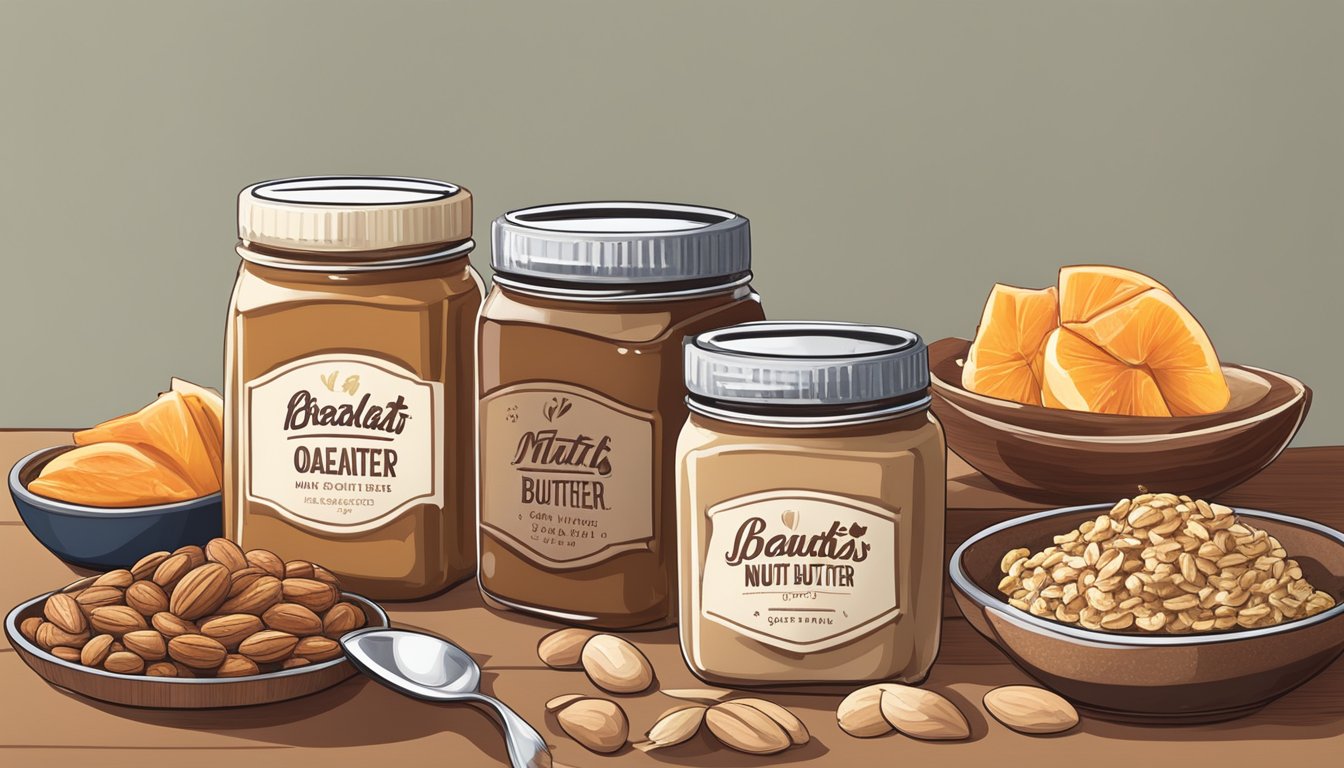 A breakfast table with a variety of nut butters spread on whole grain toast, oatmeal, and fruit slices. A jar of nut butter and a bowl of nuts are also present