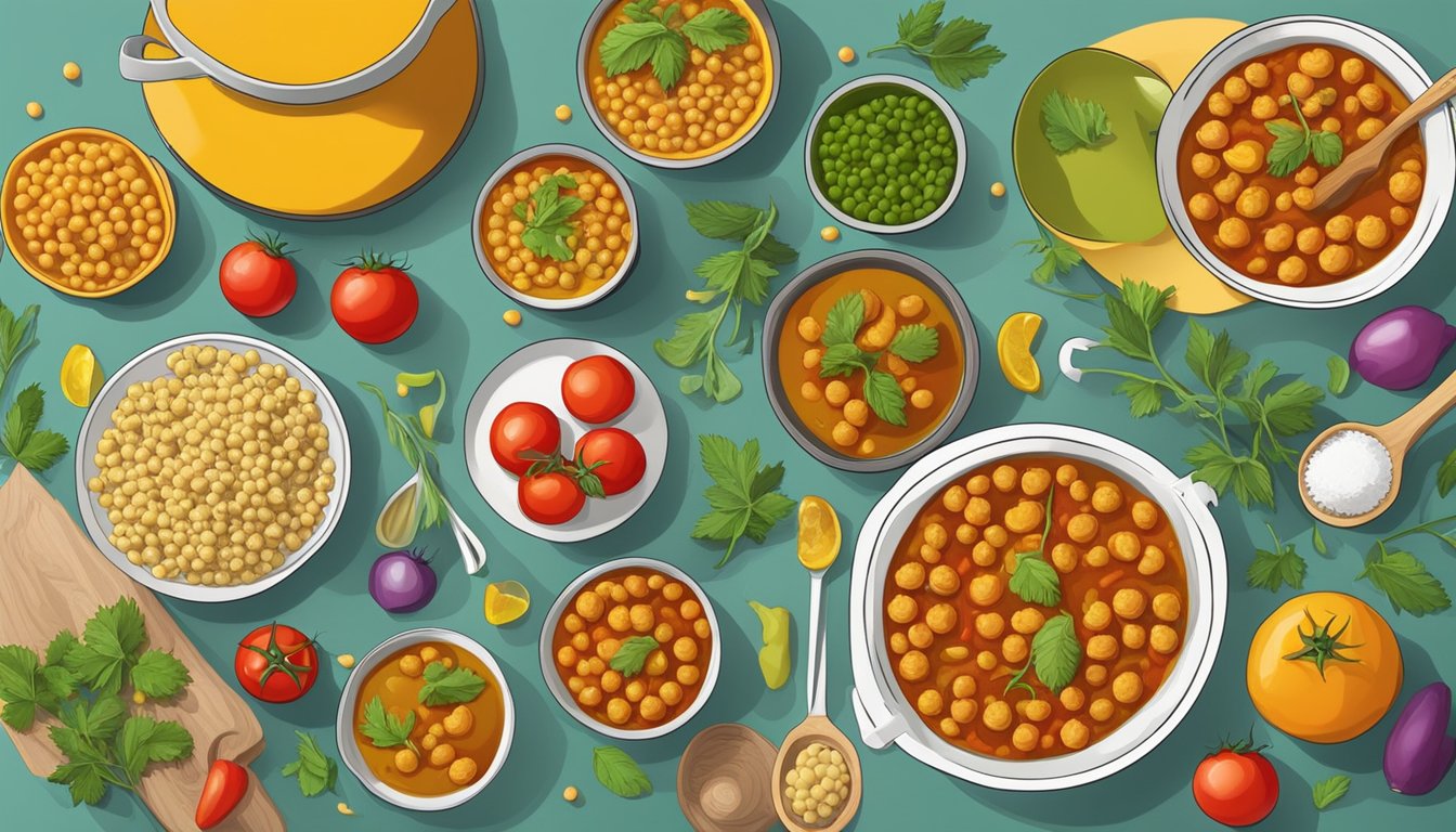 A table set with colorful, halved tomatoes filled with chickpea curry, surrounded by vibrant ingredients and utensils