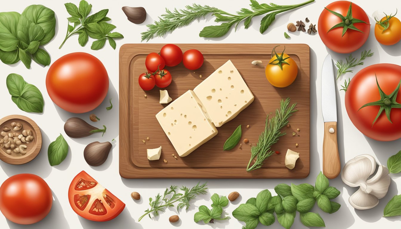 A wooden cutting board holds ripe tomatoes, tofu, and mushrooms, surrounded by scattered herbs and spices