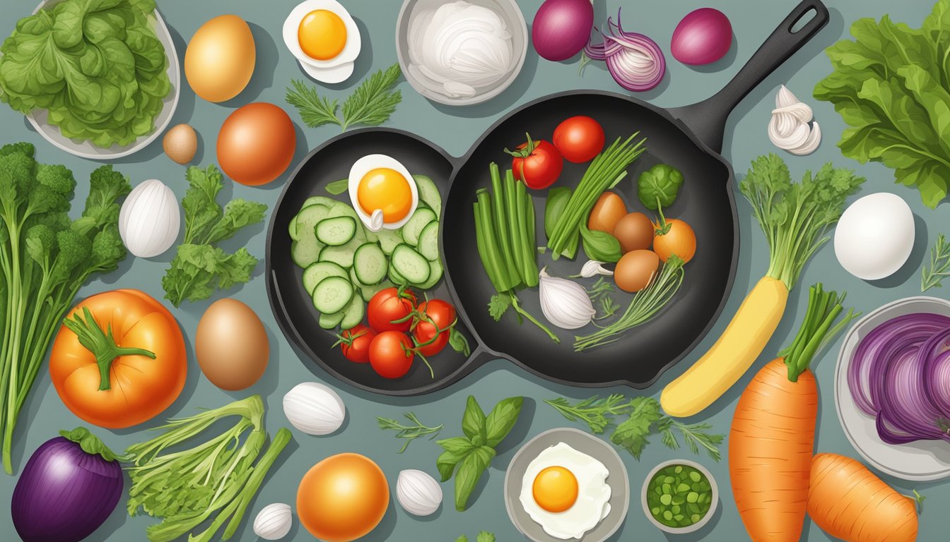 A colorful array of fresh vegetables, eggs, and herbs arranged on a kitchen counter, with a skillet and mixing bowl nearby