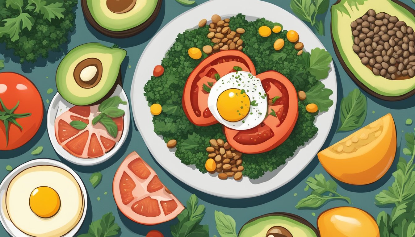 A plump tomato filled with lentils and kale, surrounded by colorful breakfast ingredients like eggs, avocado, and fresh herbs