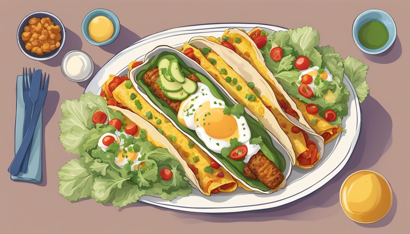 A colorful spread of breakfast enchiladas made with cauliflower wraps, eggs, and vegetables, arranged on a serving platter