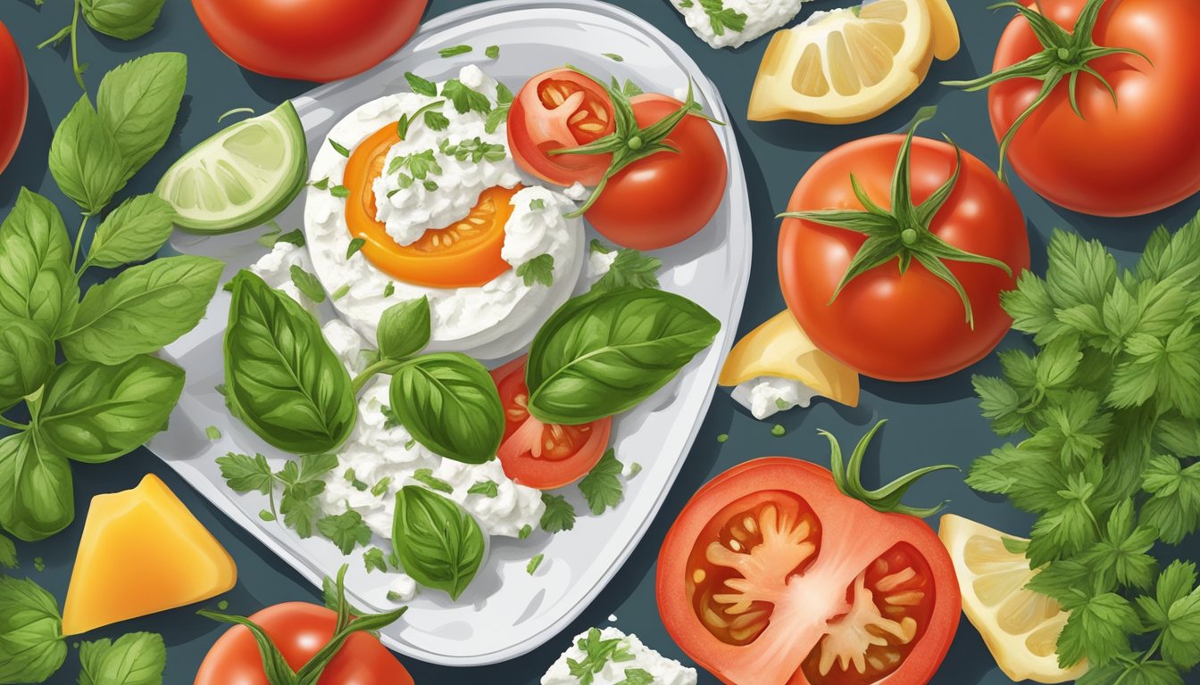 A ripe tomato cut open and filled with herbed cottage cheese, surrounded by fresh herbs and other breakfast ingredients