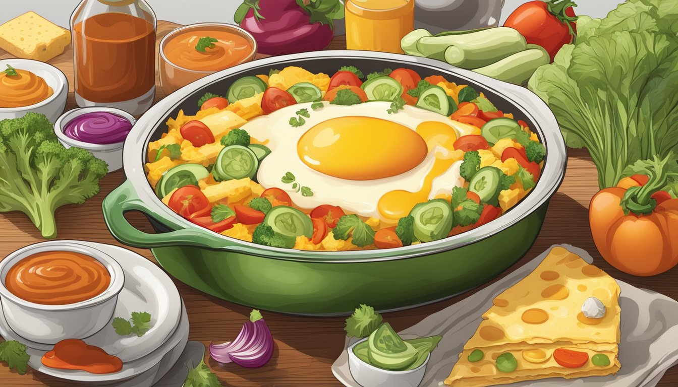 A colorful array of fresh vegetables and eggs arranged on a casserole dish, surrounded by vibrant enchilada sauce and topped with melted cheese