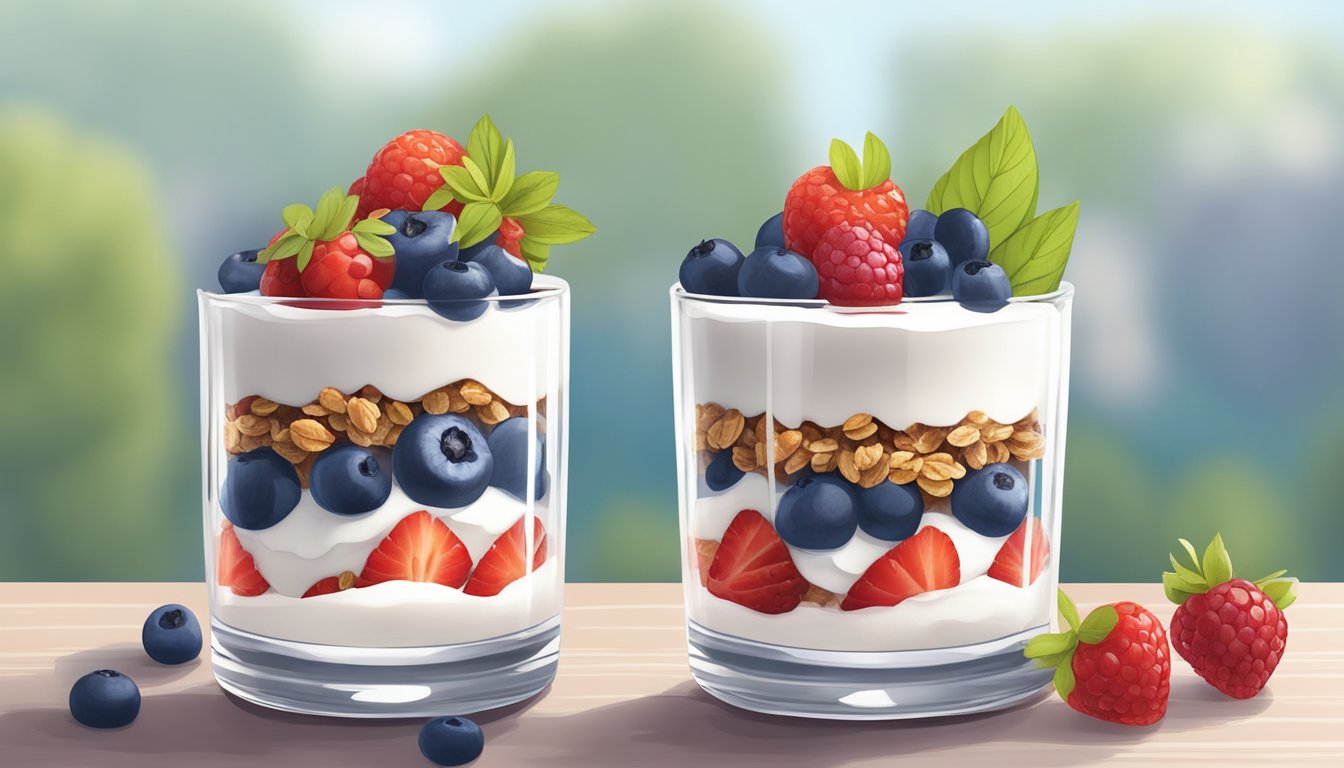 A glass parfait dish filled with layers of Greek yogurt, granola, and fresh berries, topped with a sprinkle of chia seeds