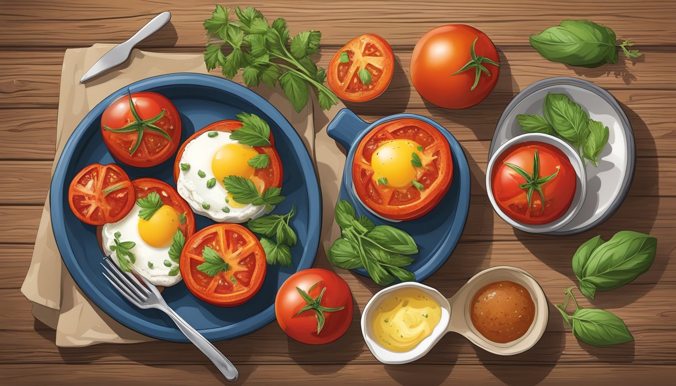 A colorful array of breakfast stuffed tomatoes, filled with nutritious ingredients, sits on a rustic wooden table. The vibrant red tomatoes are surrounded by fresh herbs, eggs, and other diabetic-friendly breakfast options