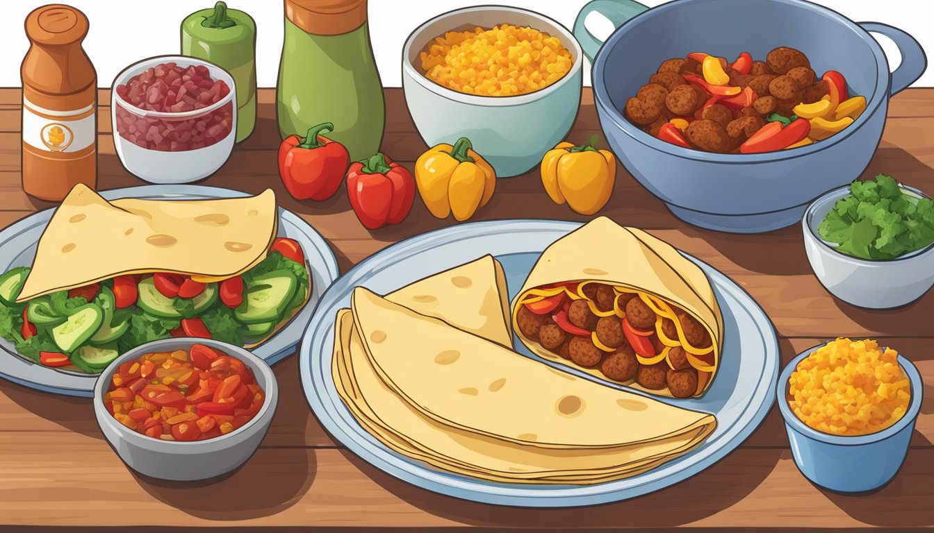 A colorful breakfast scene with chorizo, peppers, and tortillas being prepared and assembled into breakfast burritos