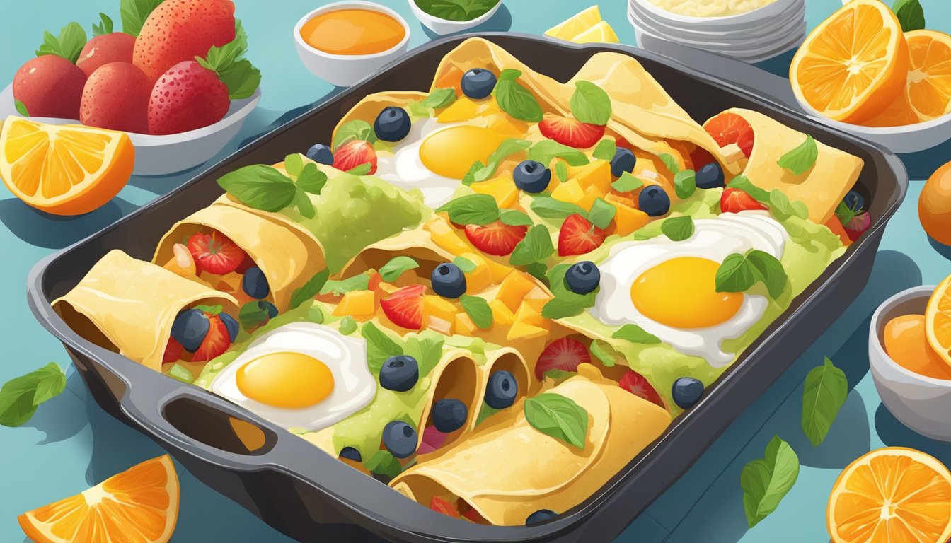 A colorful spread of breakfast enchiladas filled with healthy ingredients like eggs, vegetables, and lean protein, surrounded by vibrant fruits and a glass of freshly squeezed orange juice