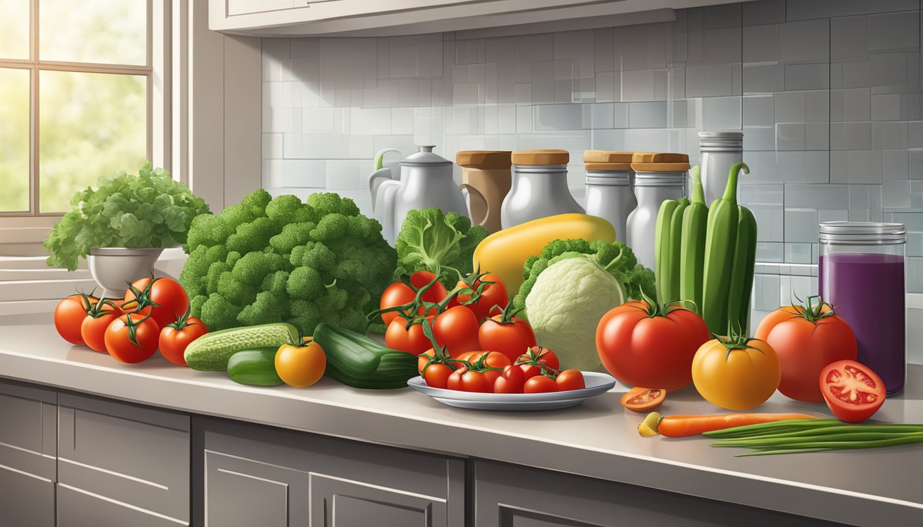 A variety of fresh vegetables and lean proteins are arranged on a kitchen counter, with ripe tomatoes as the focal point