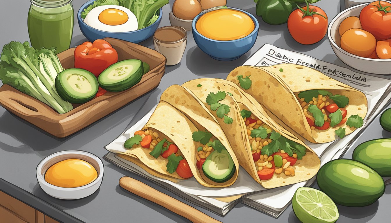 A colorful array of fresh vegetables, eggs, and whole grain tortillas arranged on a kitchen counter, with a cookbook open to a page titled "Diabetic-Friendly Breakfast Enchilada Recipes."