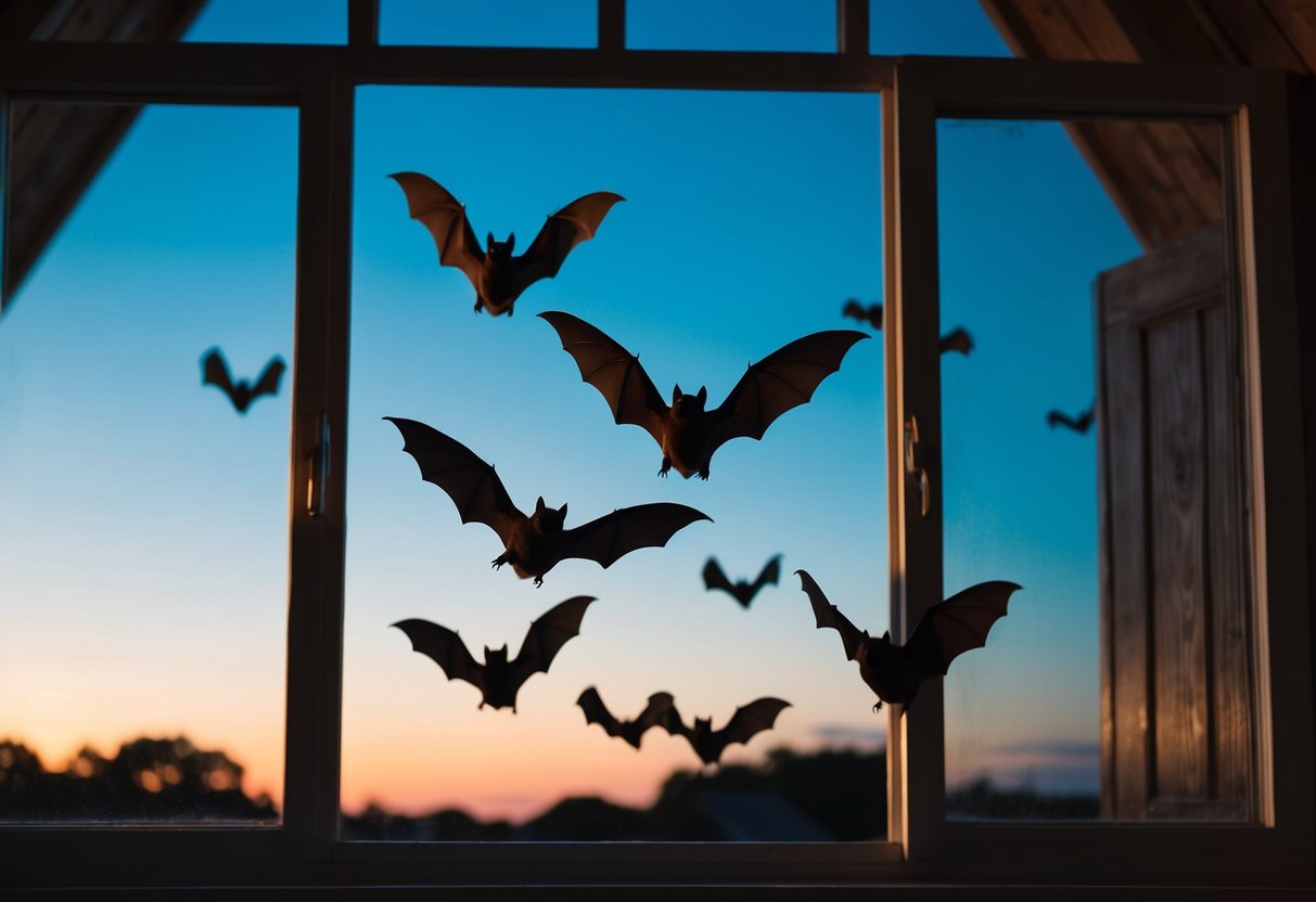Bats flying in and out of an attic window at dusk