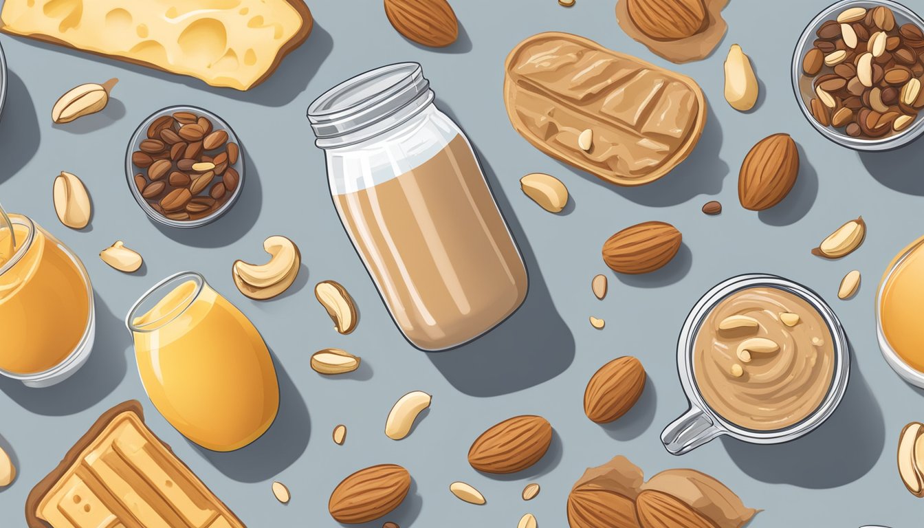 A glass filled with unsweetened peanut butter smoothie surrounded by a variety of high-protein breakfast items, such as nuts, seeds, and fruit