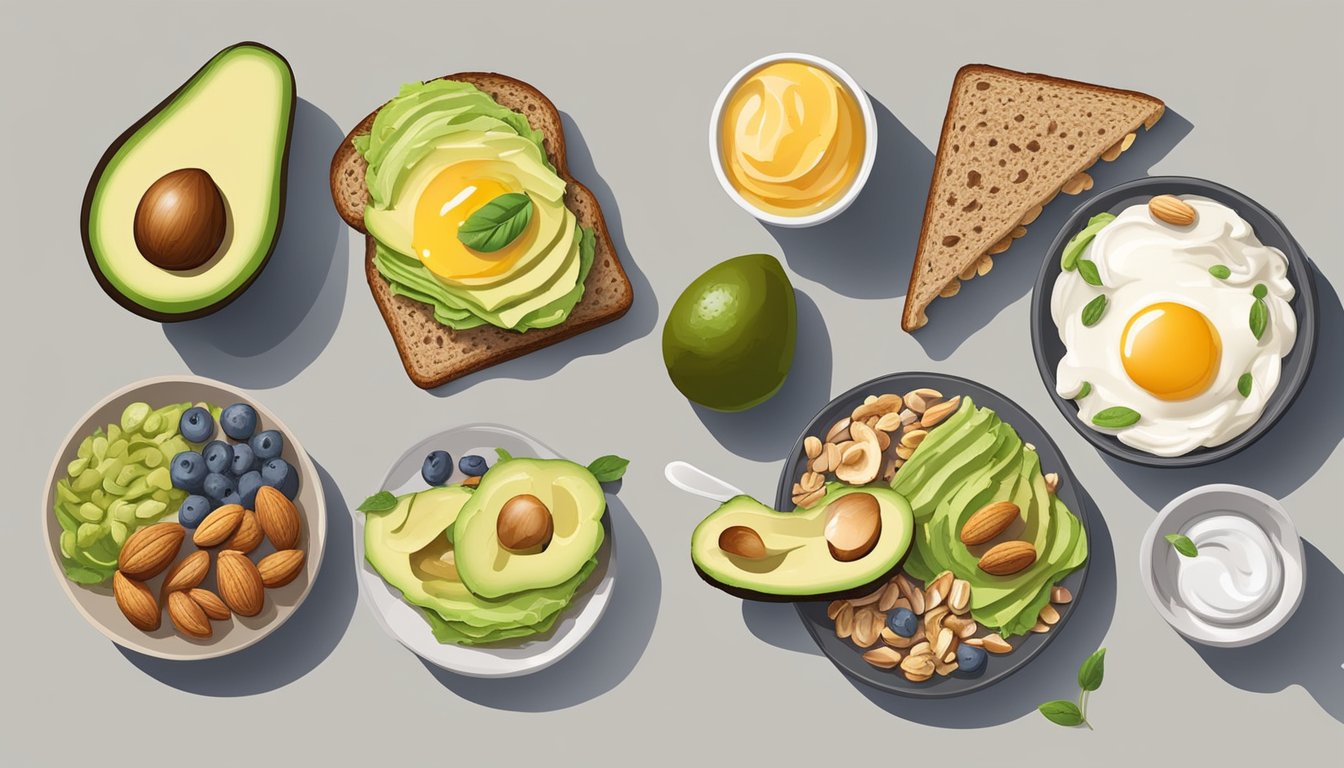 Avocado toast on a rustic whole grain bread, surrounded by a variety of high-protein breakfast items, such as nuts, seeds, and yogurt