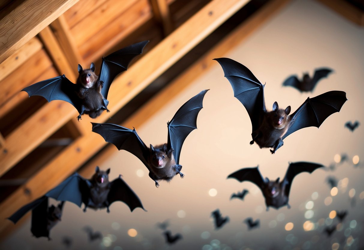 Bats flying in and out of an attic, with visible guano and potential structural damage