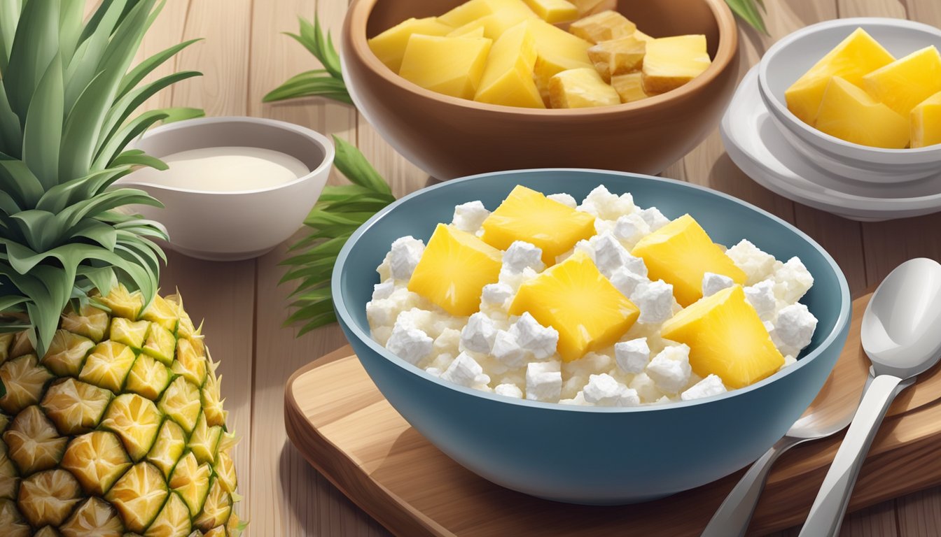 A bowl of cottage cheese topped with pineapple chunks on a wooden table, surrounded by a variety of high-protein breakfast items