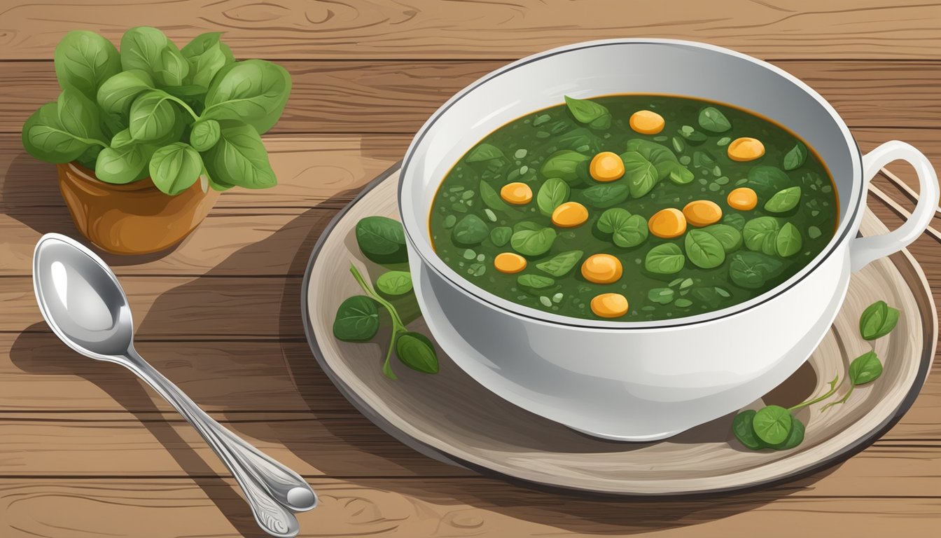 A steaming bowl of spinach lentil soup surrounded by fresh ingredients and a spoon on a rustic wooden table