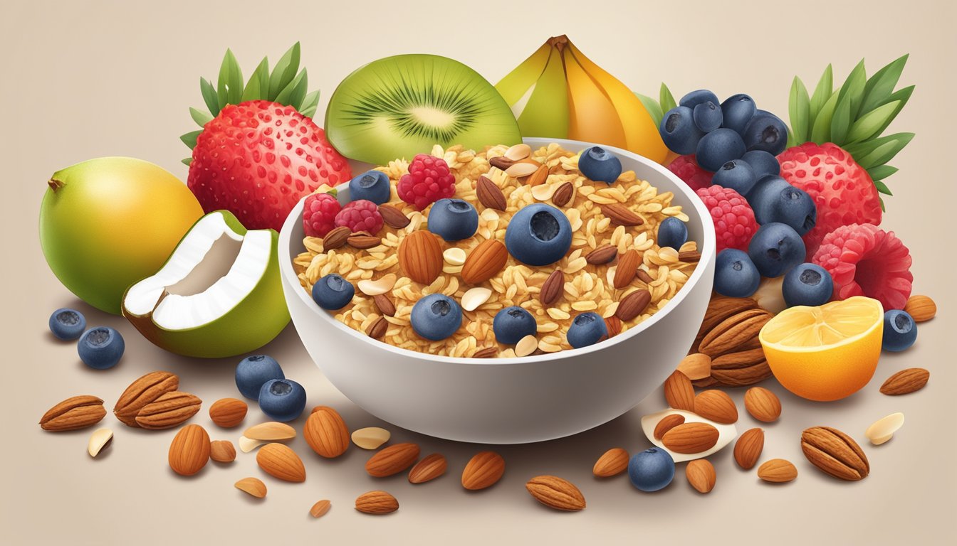 A bowl of homemade granola topped with coconut flakes, surrounded by a variety of high-protein breakfast ingredients such as nuts, seeds, and fresh fruit