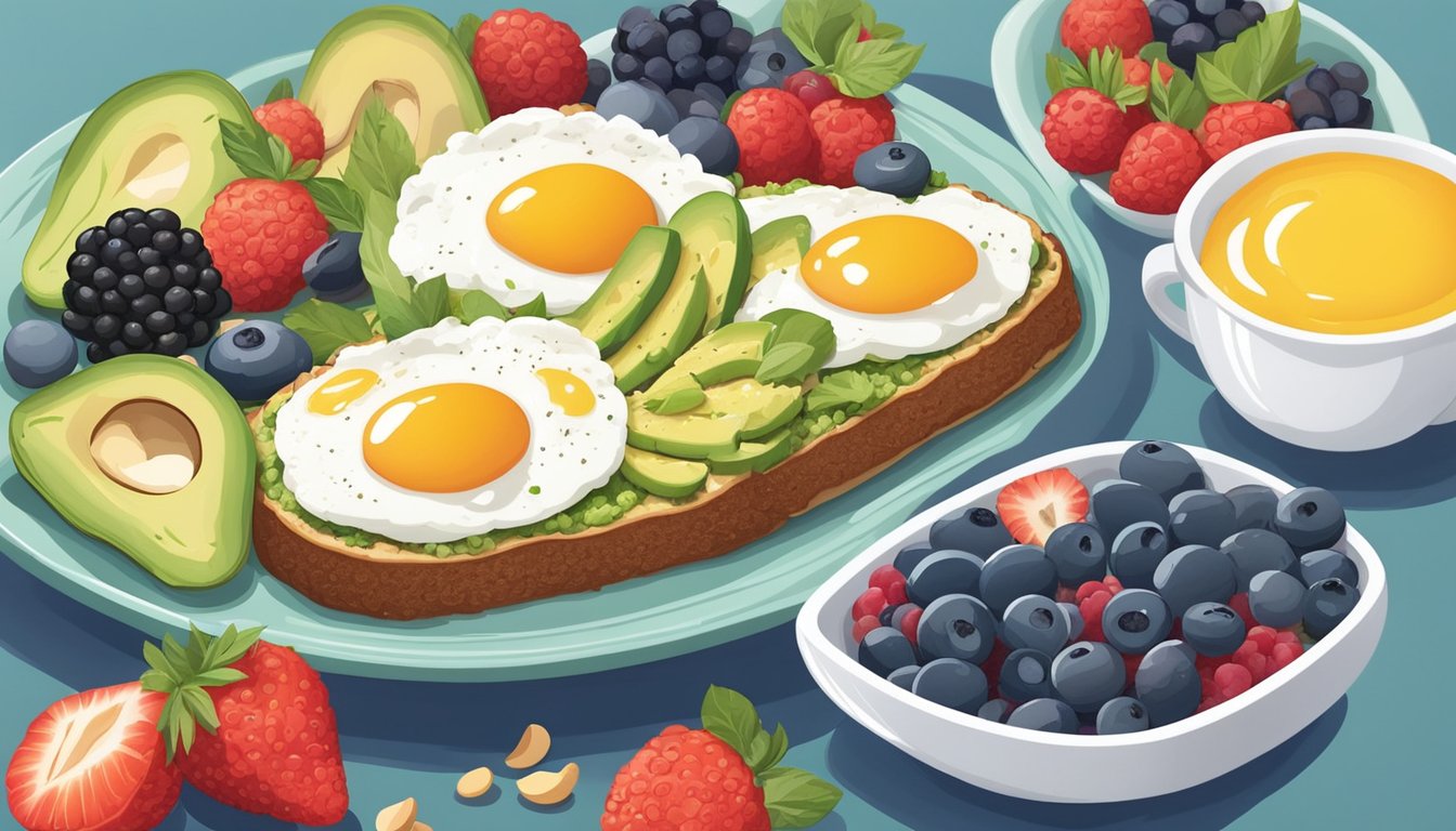 A colorful plate of cauliflower avocado toast surrounded by a variety of diabetic-friendly breakfast ingredients such as berries, nuts, and eggs