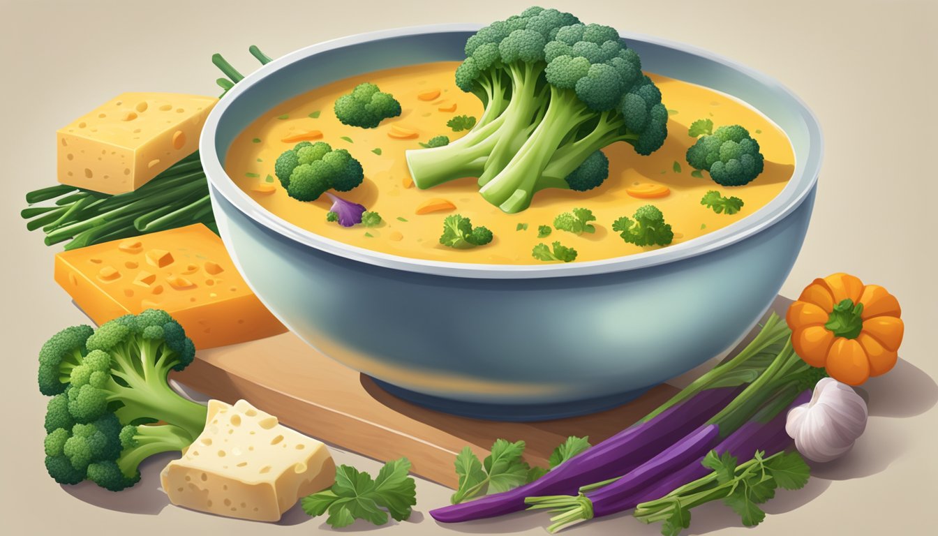 A steaming bowl of broccoli and cheddar soup surrounded by a variety of colorful vegetables and herbs, with a warm and inviting atmosphere