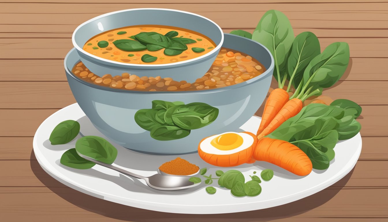 A steaming bowl of lentil soup with spinach and carrots sits on a wooden table, surrounded by a variety of high-protein breakfast ingredients