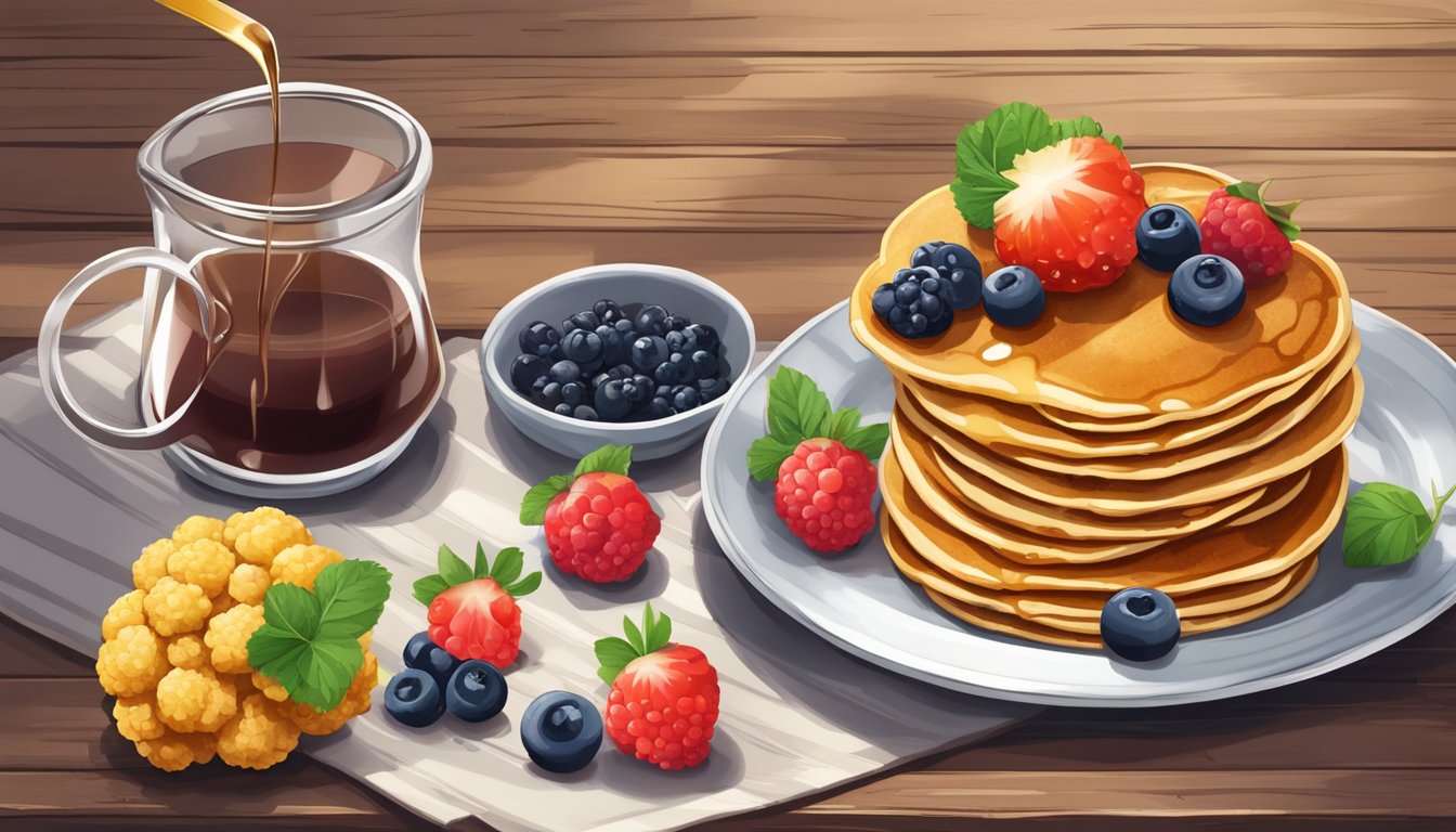 A stack of golden cauliflower protein pancakes surrounded by fresh berries and a drizzle of sugar-free syrup on a rustic wooden table