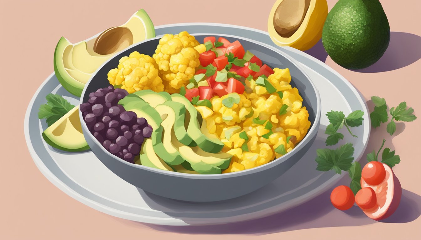 A colorful bowl filled with roasted cauliflower, scrambled eggs, avocado slices, and salsa, served with a side of fresh fruit