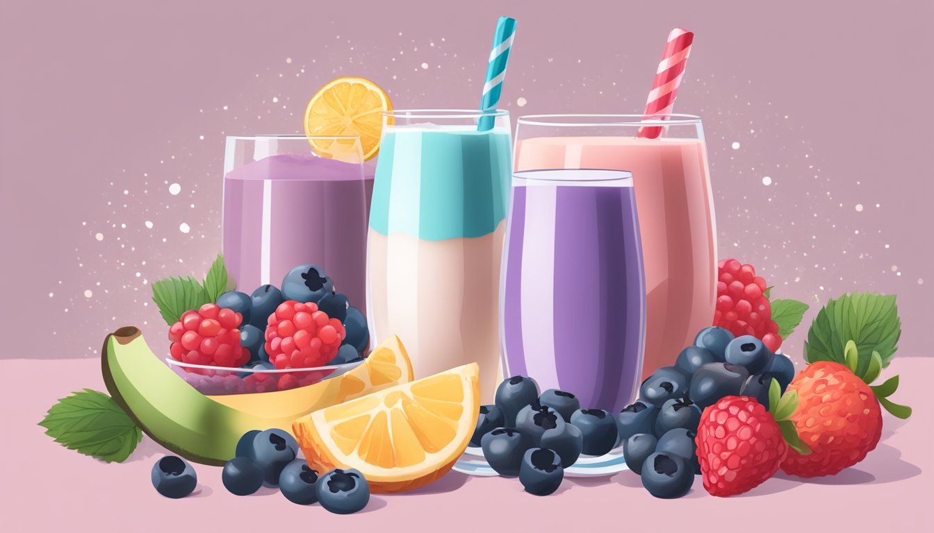 A glass filled with a berry and protein powder shake, surrounded by ingredients like berries, protein powder, and a blender