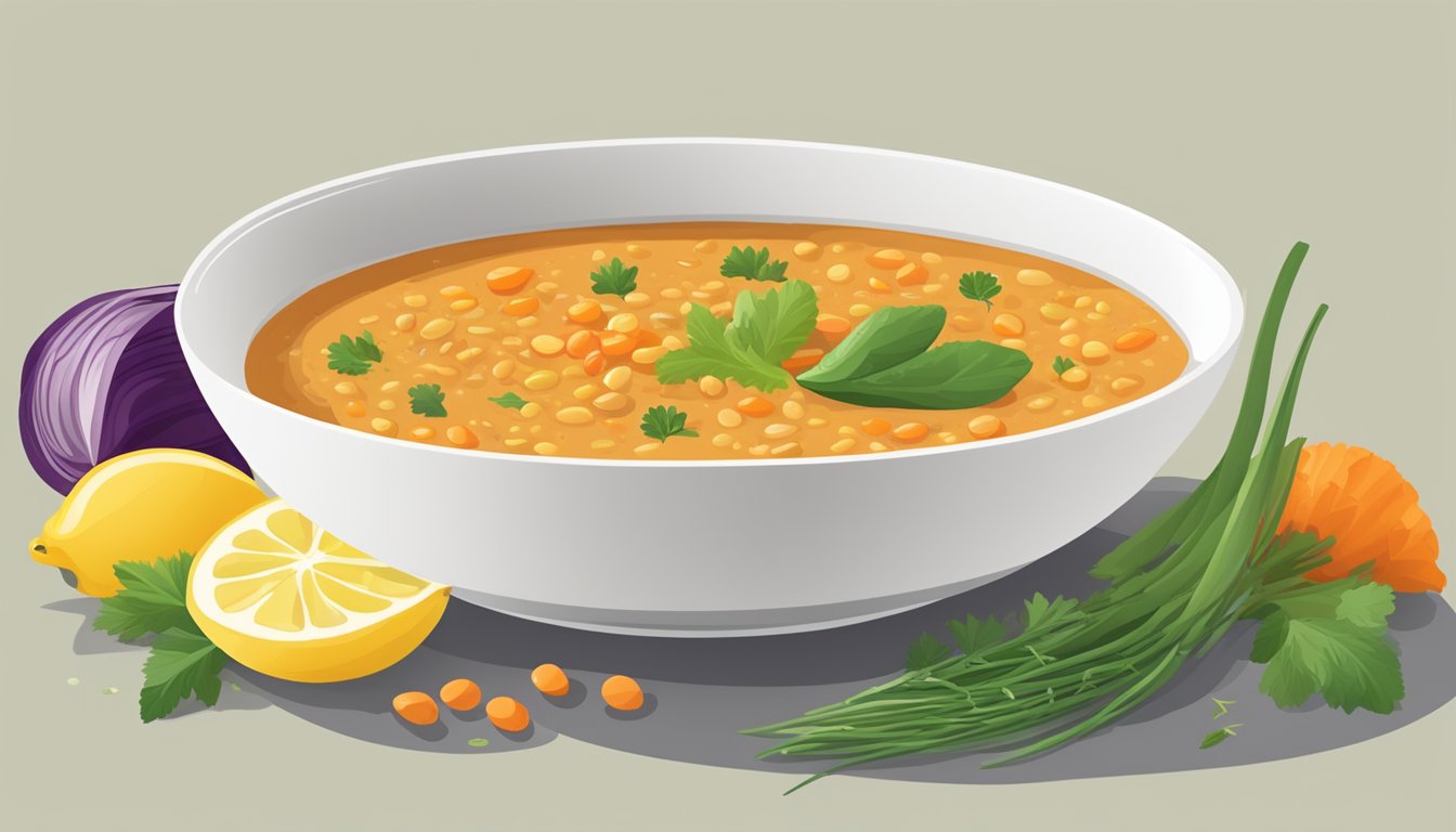 A steaming bowl of red lentil soup with a slice of lemon on the side, surrounded by colorful vegetables and herbs