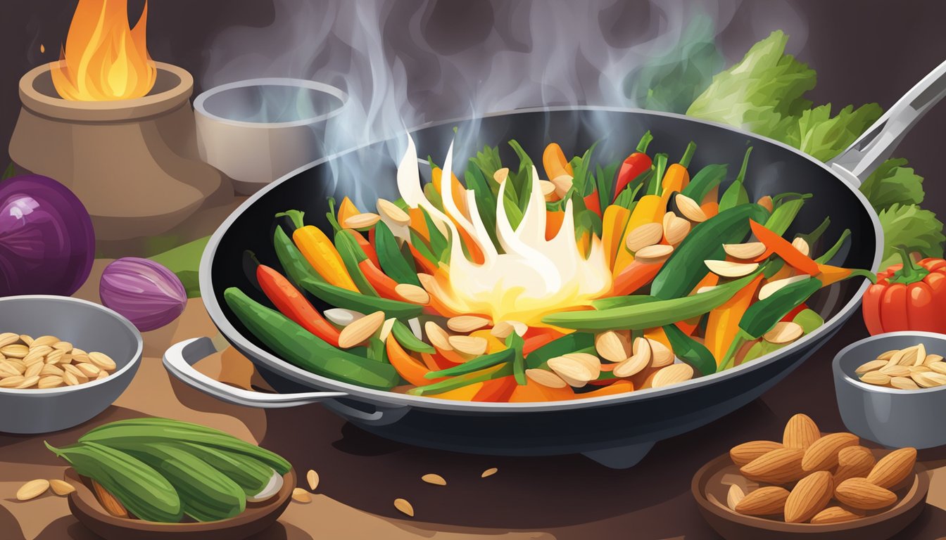 A colorful array of vegetables and almonds sizzling in a wok over a flame