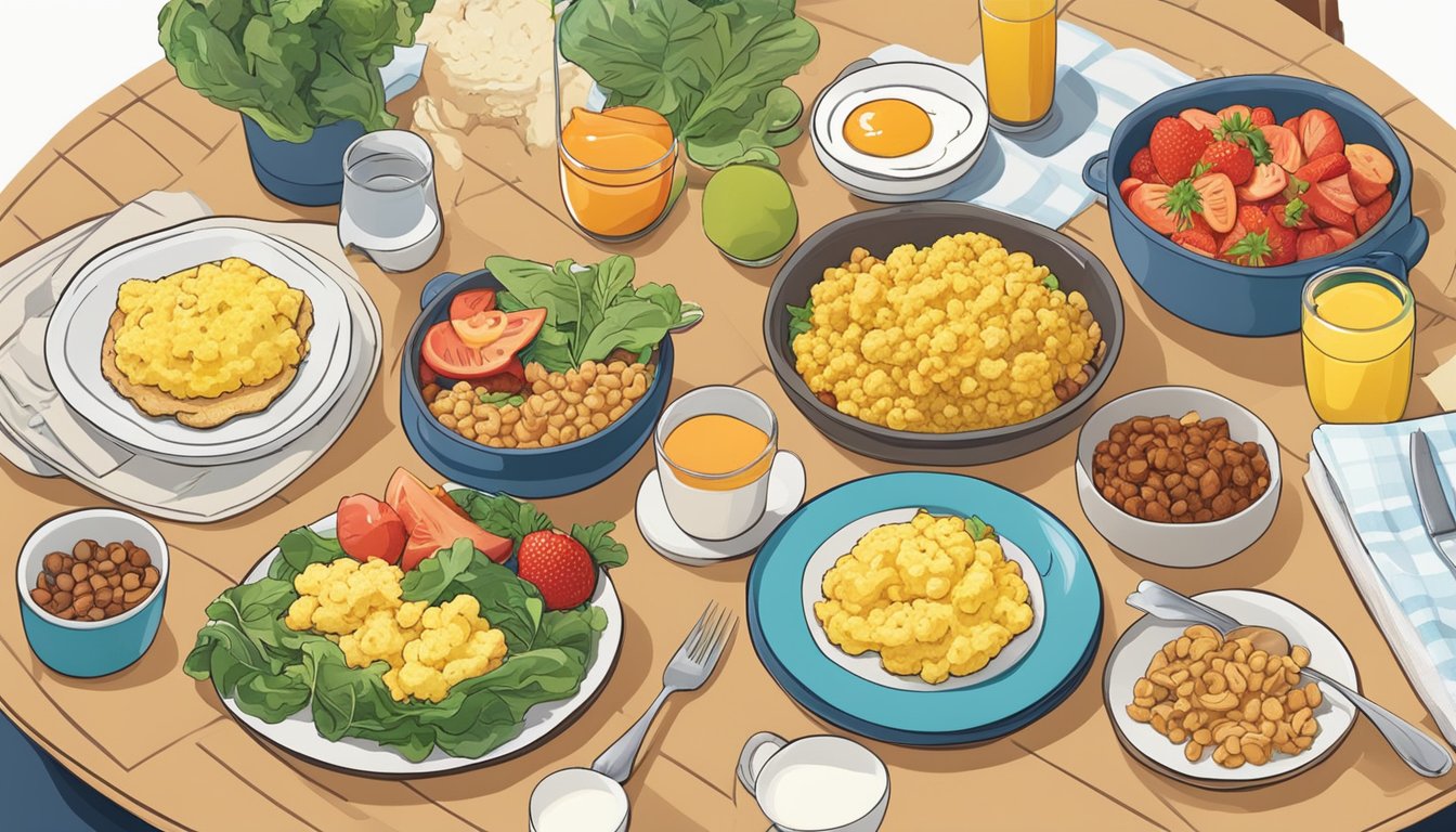 A colorful breakfast spread with a cauliflower scramble as the centerpiece, surrounded by other diabetic-friendly breakfast options