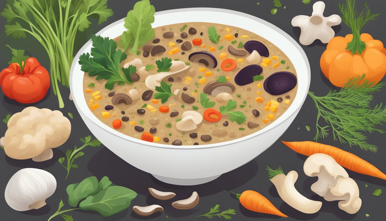 A steaming bowl of mushroom quinoa soup surrounded by colorful vegetables and herbs