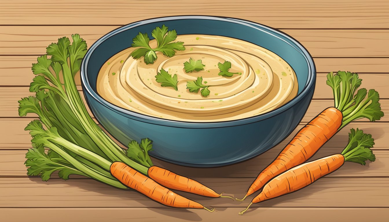 A bowl of hummus surrounded by carrot and celery sticks on a wooden table